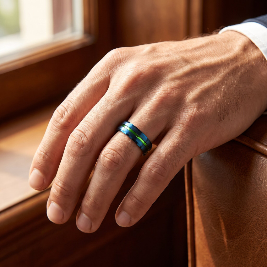 Men's Brushed Blue Tungsten Green Aluminum Ring 6mm Wedding Band