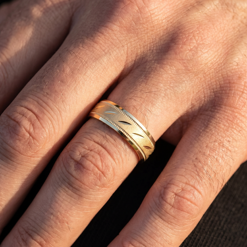 Men's Solid 10k Yellow Gold 6MM Brushed Carved Wedding Band Comfort Fit Ring