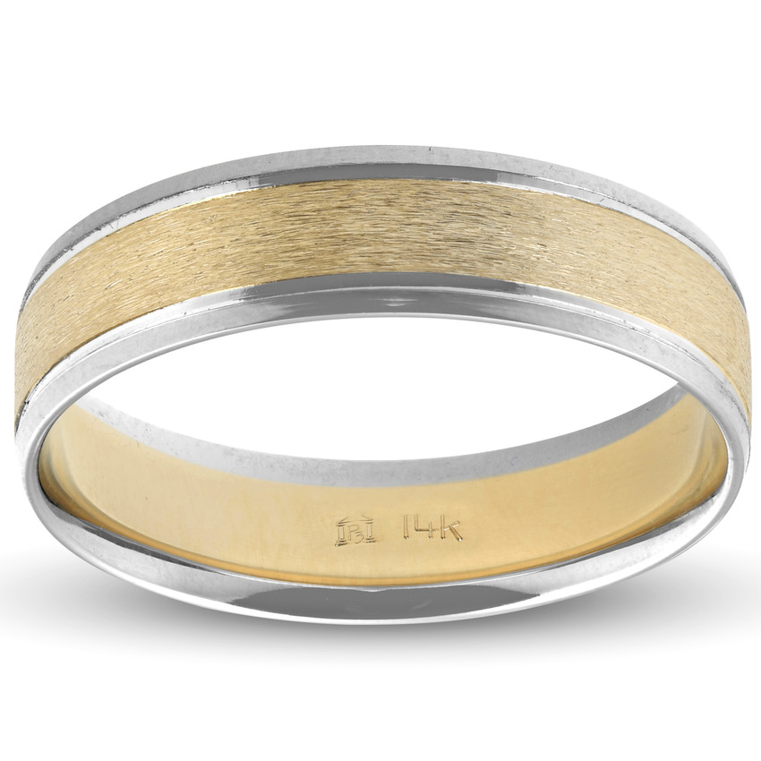Mens 14k White & Yellow Gold Two Tone Ring Satin Wedding Band 6mm Wide