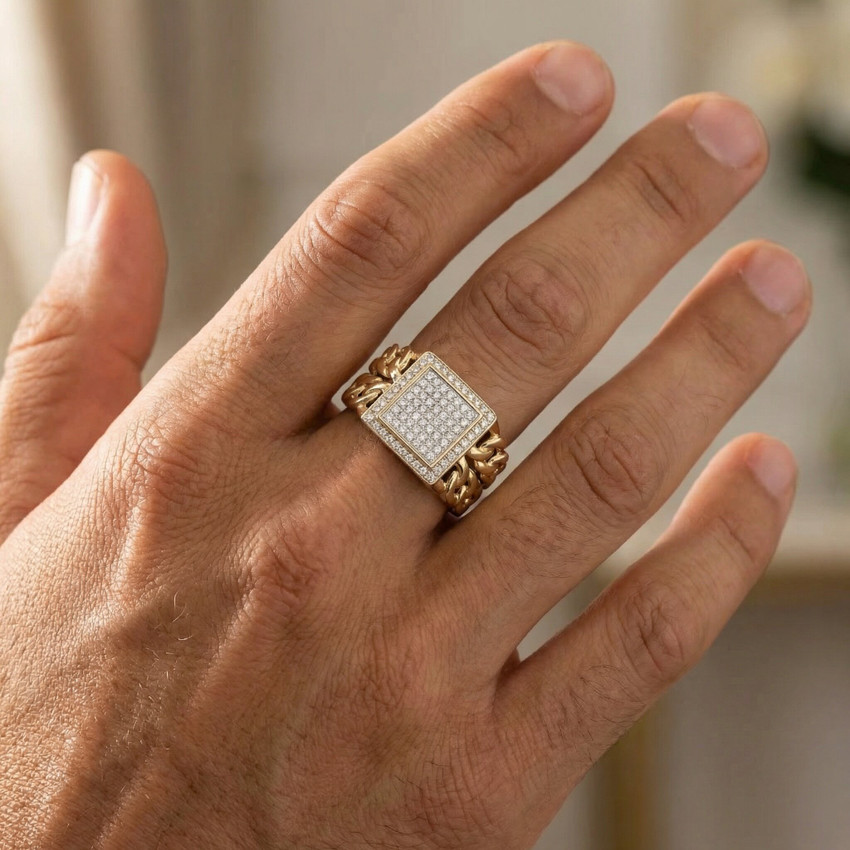 1/3Ct TW Diamond Men's Chain Cuban Link Ring 10k Yellow Gold 9mm Wide