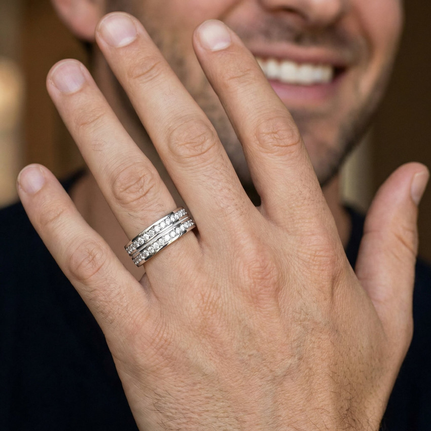 1 1/2ct Mens Diamond Eternity Ring Milgrain Accent 10K White Gold