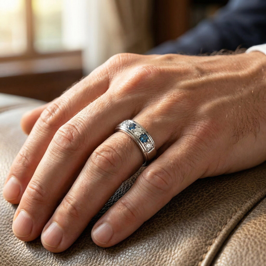 1 Ct T.W. Blue & White Diamond Mens Wedding Ring 5-Stone Anniversary White Gold