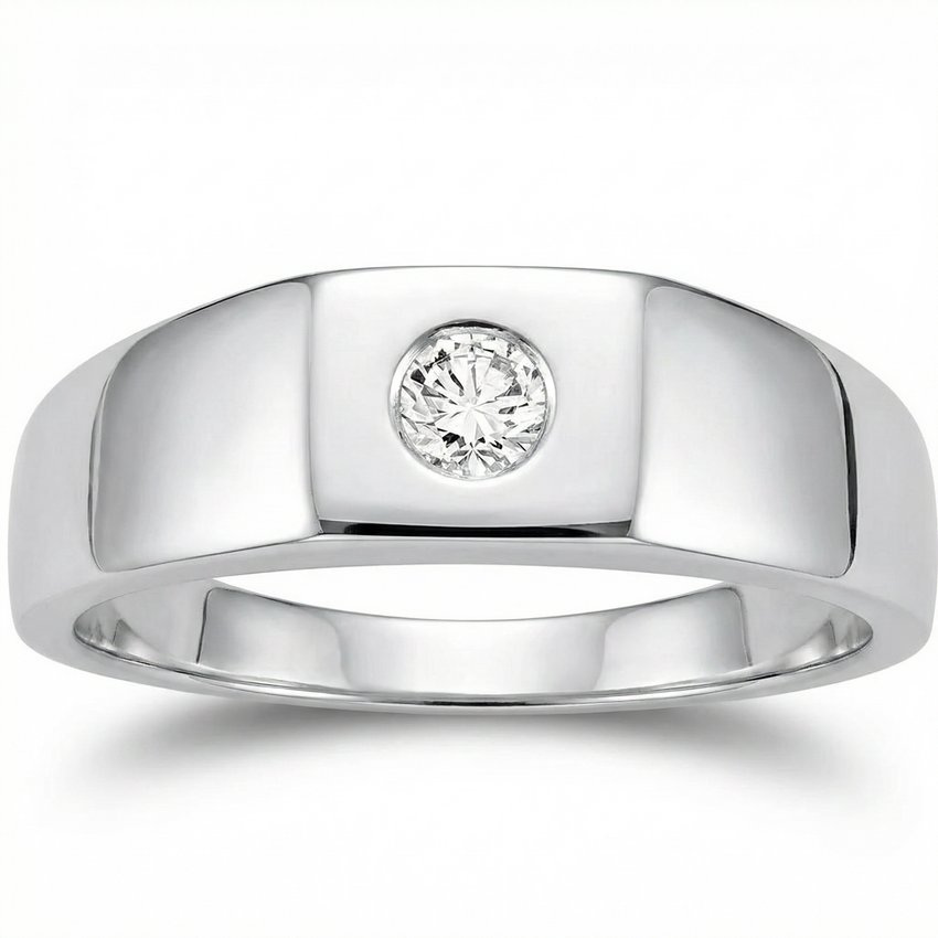 Mens Solid 14k White Gold 1/4ct Solitaire Bezel Diamond Wedding Band Ring