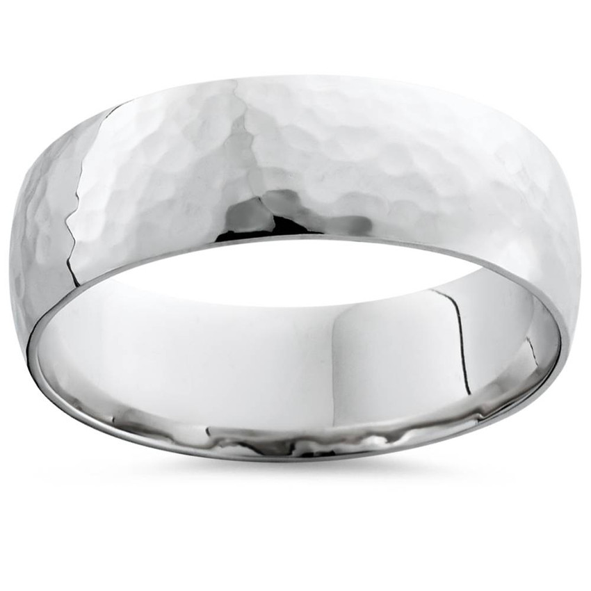 Mens 7mm 14K White Gold Polished Hammered Wedding Ring Band