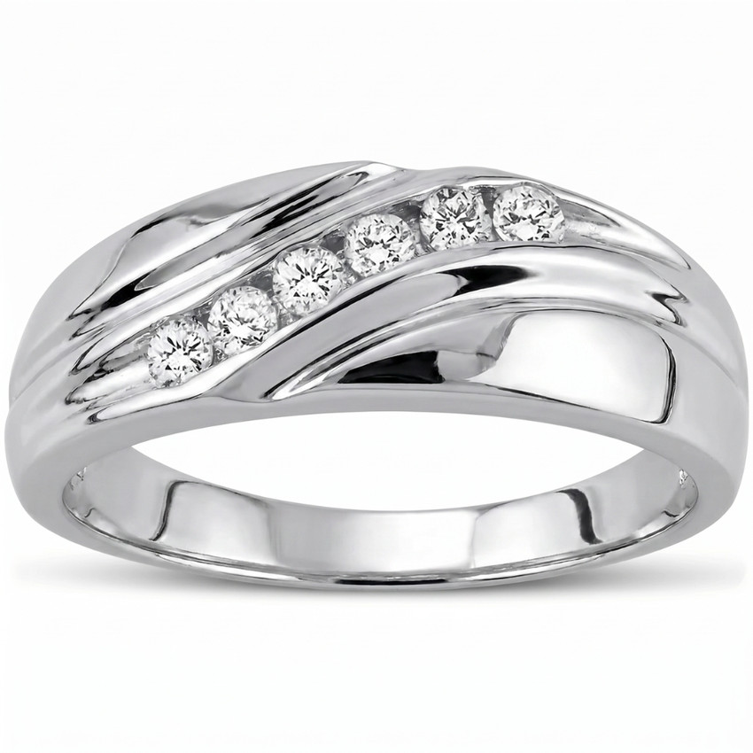 Mens 14K White Gold 1/4ct Diamond Wedding Ring High Polished Smooth Band