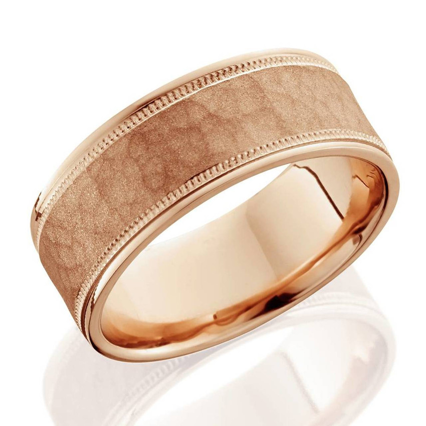 8mm Hammered Mens Wedding Band 14K Rose Gold