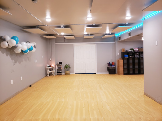 yoga studio with woodgrain mats