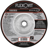 Flexovit Type 27 Depressed Center Grinding Wheels are made for angle grinding applications including weld grinding, beveling, snagging, and other surface preparation jobs requiring moderate to heavy stock removal.  Wheels are 1/4" thick, with 3 full diameters high tensile fiberglass reinforcements for maximum safety.