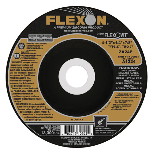 Flexovit Type 27 Depressed Center Grinding Wheels are made for angle grinding applications including weld grinding, beveling, snagging, and other surface preparation jobs requiring moderate to heavy stock removal.  Wheels are 1/4" thick, with 3 full diameters high tensile fiberglass reinforcements for maximum safety.