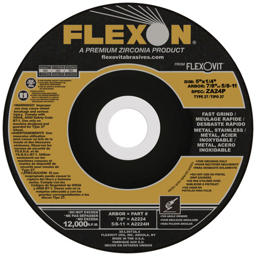 Flexovit Type 27 Depressed Center Grinding Wheels are made for angle grinding applications including weld grinding, beveling, snagging, and other surface preparation jobs requiring moderate to heavy stock removal.  Wheels are 1/4" thick, with 3 full diameters high tensile fiberglass reinforcements for maximum safety.