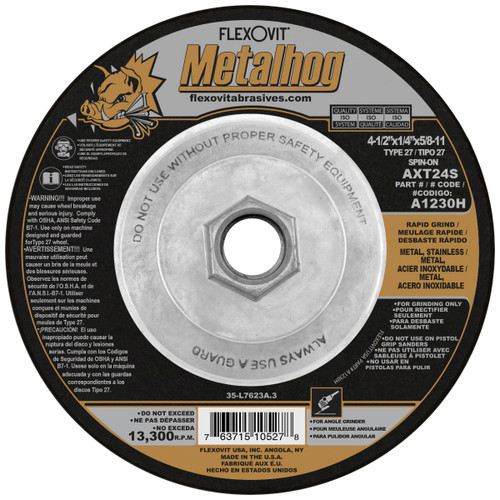 Flexovit Type 27 Depressed Center Grinding Wheels are made for angle grinding applications including weld grinding, beveling, snagging, and other surface preparation jobs requiring moderate to heavy stock removal.  Wheels are 1/4" thick, with 3 full diameters high tensile fiberglass reinforcements for maximum safety.