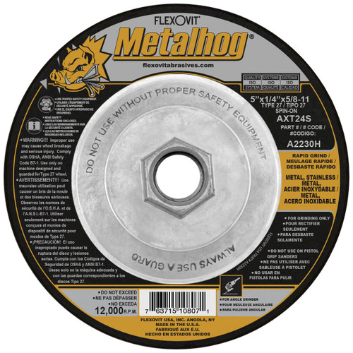 Flexovit Type 27 Depressed Center Grinding Wheels are made for angle grinding applications including weld grinding, beveling, snagging, and other surface preparation jobs requiring moderate to heavy stock removal.  Wheels are 1/4" thick, with 3 full diameters high tensile fiberglass reinforcements for maximum safety.