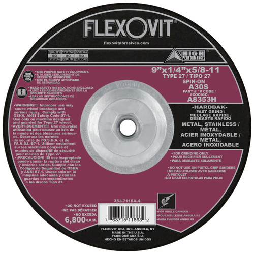 Flexovit Type 27 Depressed Center Grinding Wheels are made for angle grinding applications including weld grinding, beveling, snagging, and other surface preparation jobs requiring moderate to heavy stock removal.  Wheels are 1/4" thick, with 3 full diameters high tensile fiberglass reinforcements for maximum safety.