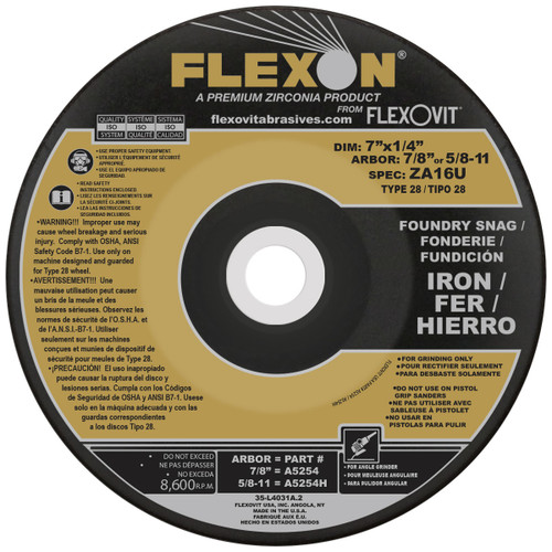 Flexovit Type 28 Depressed Center Grinding Wheels are made for angle grinding applications including weld grinding, beveling, snagging, and other surface preparation jobs requiring moderate to heavy stock removal.  The Type 28 ‘saucer’ shape allows the operator to aggressively grind at angles less than 15 degrees, improving operator comfort.  The concave shape also provides wider surface contact for grinding broad surfaces.  Wheels are ¼” thick, with 3 full diameter high tensile fiberglass reinforcements for maximum safety.