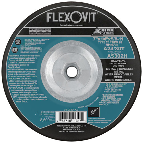 Flexovit Type 28 Depressed Center Grinding Wheels are made for angle grinding applications including weld grinding, beveling, snagging, and other surface preparation jobs requiring moderate to heavy stock removal.  The Type 28 ‘saucer’ shape allows the operator to aggressively grind at angles less than 15 degrees, improving operator comfort.  The concave shape also provides wider surface contact for grinding broad surfaces.  Wheels are ¼” thick, with 3 full diameter high tensile fiberglass reinforcements for maximum safety.