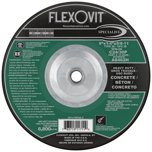 Flexovit Type 28 Depressed Center Grinding Wheels are made for angle grinding applications including weld grinding, beveling, snagging, and other surface preparation jobs requiring moderate to heavy stock removal.  The Type 28 ‘saucer’ shape allows the operator to aggressively grind at angles less than 15 degrees, improving operator comfort.  The concave shape also provides wider surface contact for grinding broad surfaces.  Wheels are ¼” thick, with 3 full diameter high tensile fiberglass reinforcements for maximum safety.