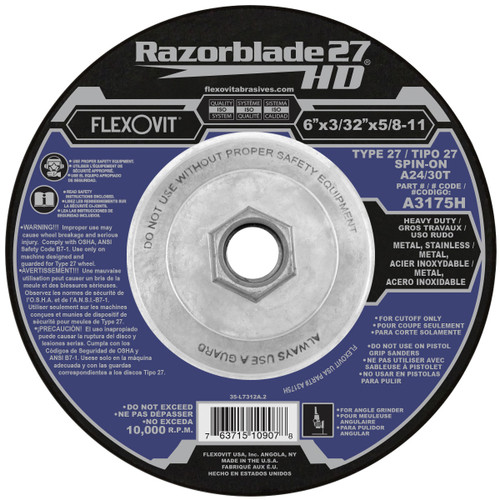 Flexovit’s RAZORBLADE 27 series of Thin Cutoff Wheels for angle grinders are an indispensable tool for the metalworker in both production and maintenance applications.  Choose from 5 versatile specs depending on the job requirement.  The Type 27 wheel shape facilitates flush cutting on flat surfaces.