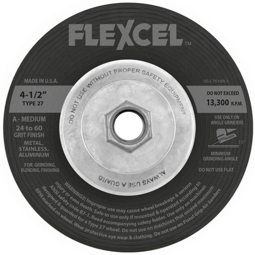 FLEXCEL Type 27 and Type 29 Semi-Flexible Wheels can remove material aggressively like a grinding wheel, and blend and finish like a sanding disc.  FLEXCEL wheels flex to contoured surfaces giving a smooth finish without gouging. Faster stock removal than standard depressed center wheels.  Wheel of choice when working with Aluminum.  Load resistant.