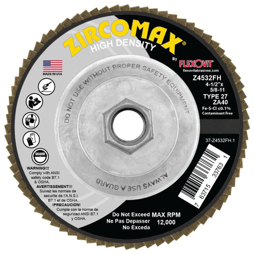 Flexovit Type 27 and Type 29 Flap Discs can grind, blend and finish in one step.  Flap Discs can be used to advantage in many applications that involve the use of depressed center grinding wheels and / or resin fiber discs by eliminating two step finishing and tool change time, thereby reducing total job cost.  These extra thick, high density discs will deliver twice the material removal of regular flap discs.  Preferred for high productivity requirements of industrial operations.