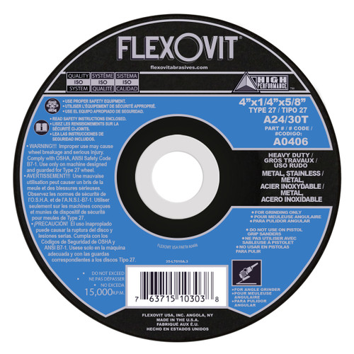 Flexovit Type 27 Depressed Center Grinding Wheels are made for angle grinding applications including weld grinding, beveling, snagging, and other surface preparation jobs requiring moderate to heavy stock removal.  Wheels are 1/4" thick, with 3 full diameters high tensile fiberglass reinforcements for maximum safety.