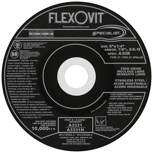 Flexovit Type 27 Depressed Center Grinding Wheels are made for angle grinding applications including weld grinding, beveling, snagging, and other surface preparation jobs requiring moderate to heavy stock removal.  Wheels are 1/4" thick, with 3 full diameters high tensile fiberglass reinforcements for maximum safety.