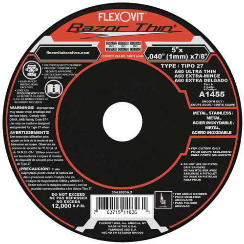 Flexovit’s RAZORBLADE 27 series of Thin Cutoff Wheels for angle grinders are an indispensable tool for the metalworker in both production and maintenance applications.  Choose from 5 versatile specs depending on the job requirement.  The Type 27 wheel shape facilitates flush cutting on flat surfaces.