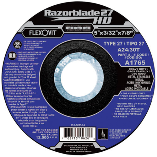 Flexovit’s RAZORBLADE 27 series of Thin Cutoff Wheels for angle grinders are an indispensable tool for the metalworker in both production and maintenance applications.  Choose from 5 versatile specs depending on the job requirement.  The Type 27 wheel shape facilitates flush cutting on flat surfaces.