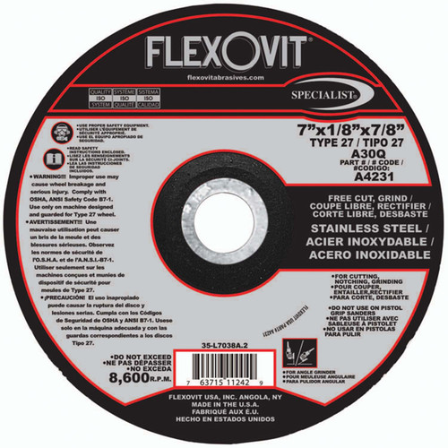 Flexovit Type 27 Depressed Center Combination Wheels are designed for metal fabrication jobs that require alternating between
cutting and light angle grinding.  This eliminates the need for changing wheels, or using two tools to complete the job. 
Combination Wheels are fully reinforced on the back and center of the wheel to prevent edge chipping while angle grinding.