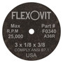 Flexovit fully reinforced Small Diameter Wheels are designed for use on die grinders and straight grinders.  Wheels from .035” through 1/8” thick are designed for cutting applications.  Wheels from 3/16” through 1/2” thickness are designed for grinding using the periphery of the wheel as the grinding face.