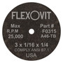 Flexovit fully reinforced Small Diameter Wheels are designed for use on die grinders and straight grinders.  Wheels from .035” through 1/8” thick are designed for cutting applications.  Wheels from 3/16” through 1/2” thickness are designed for grinding using the periphery of the wheel as the grinding face.