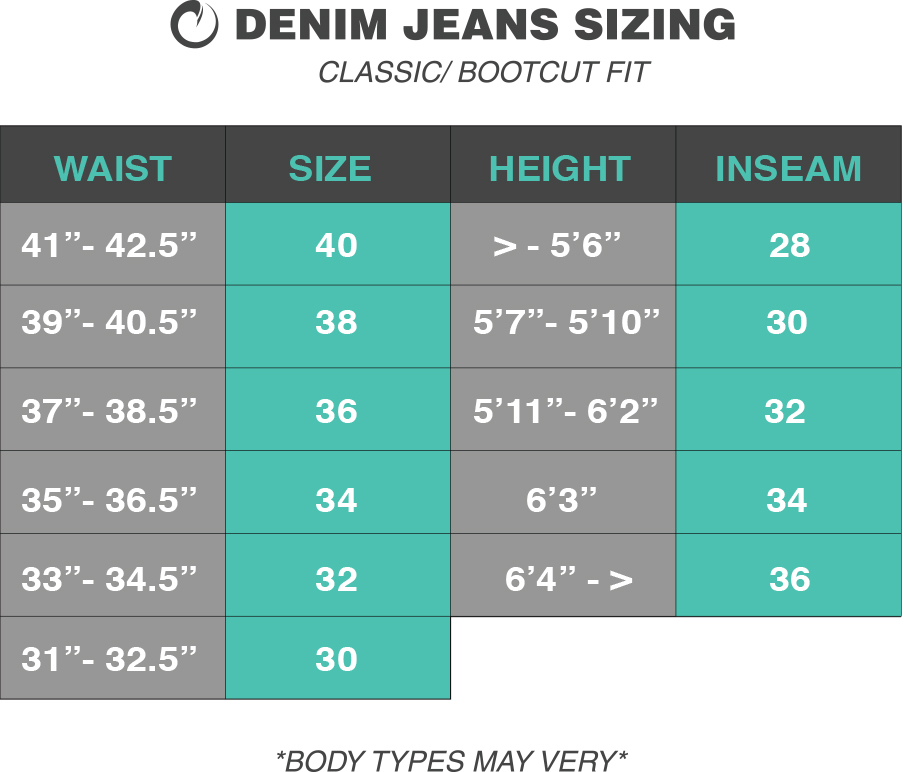 Regular Jeans Size Chart