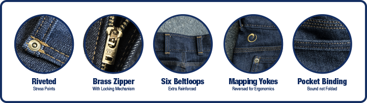 Riveted, Brass Zipper, Six Belt Loops, Mapping Yokes, Pocket Binding Riveted, Brass Zipper, Six Belt Loops, Mapping Yokes, Pocket Binding