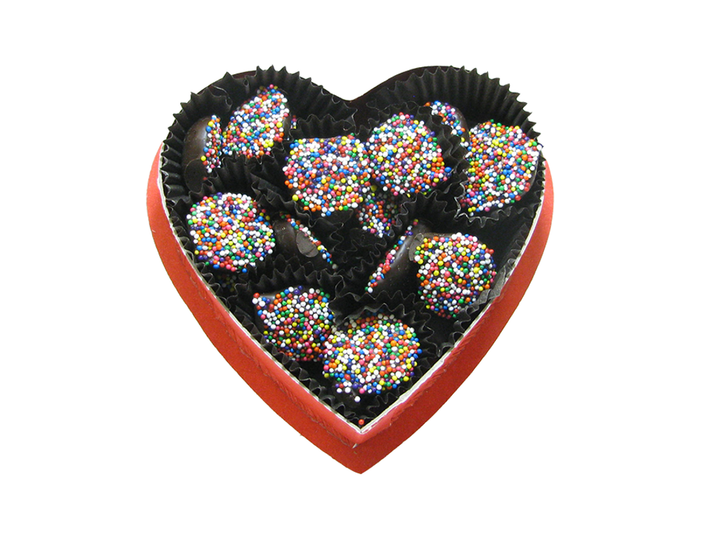 Solid chocolate drops with rainbow-colored sprinkles weighing 4 ounces.  Crunchy and chocolatey!