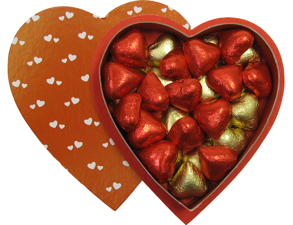 Solid chocolate foiled Hearts weighing 9 ounces.  Yum, yum, yum!