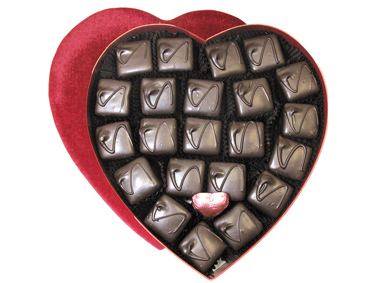 Dark chocolate covered Vanilla Marshmallows with a crunchy square of graham cracker on the bottom in a beautiful heart-shaped box.  21 pieces per box.