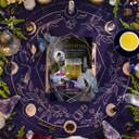 Cloth, Book, and Dice with Crystals – Intuitivitea casting cloth and guidebook surrounded by tea dice, botanicals, and stones.