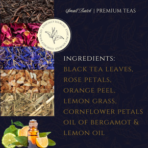 Goddess Grey premium black tea ingredients including Ceylon tea, rose, orange peel, lemongrass, cornflower, bergamot and lemon oil.