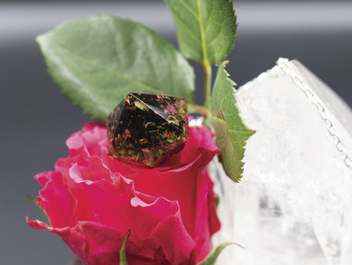Side view of pendulum – Sterling silver chain with obsidian and dreamcatcher charm, positioned above vibrant red rose petals and quartz crystal.