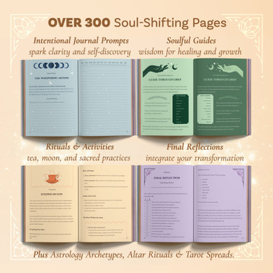 Roar of Rebirth Guided Journal spreads featuring Moon Phases Prompts, Soulful Guides, Tea Rituals and Final Reflections on assorted full color pages.
