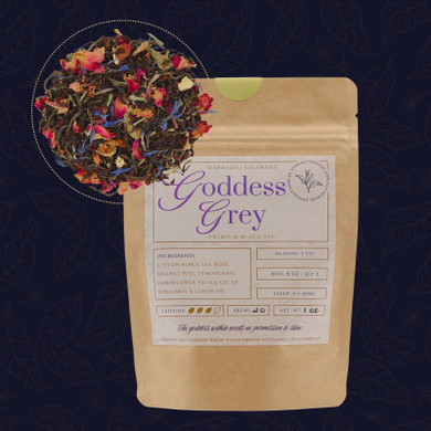 Goddess Grey premium loose-leaf black tea in Tea Phases packaging with colorful rose and cornflower petals.