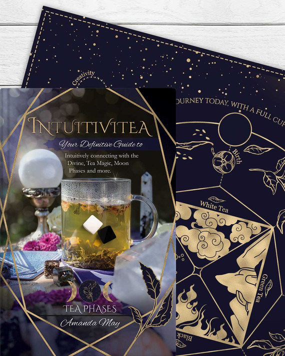 Complete Intuitivitea Divination Kit – Includes casting cloth, guidebook, tea dice, and keepsake bag arranged together.