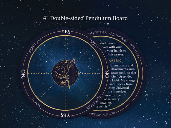 Double-sided pendulum board with celestial design, included with Unicorn Magic Pendulum