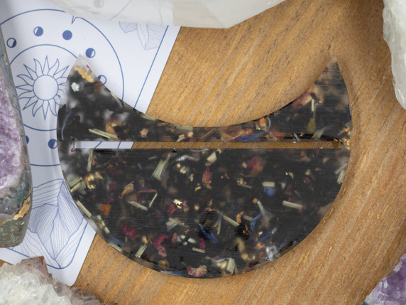 Back view of the Celestial Bloom Tarot Holder, showing embedded botanicals including rose petals, lavender, and lemongrass.