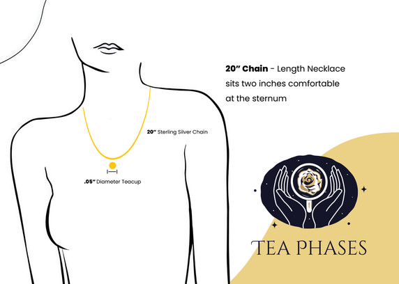 Graphic of a woman wearing a 20" chain with a .5" round teacup pendant. Graphic explains that the pendant sits comfortably atop the sternum.