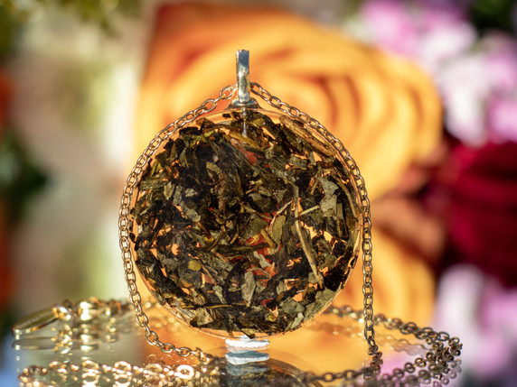 Back view of green tea leaves suspended in clear resin within circular pendant