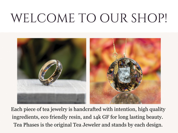 Welcome to our shop graphic. The graphic discusses how each piece of jewelry is created with intention and care.