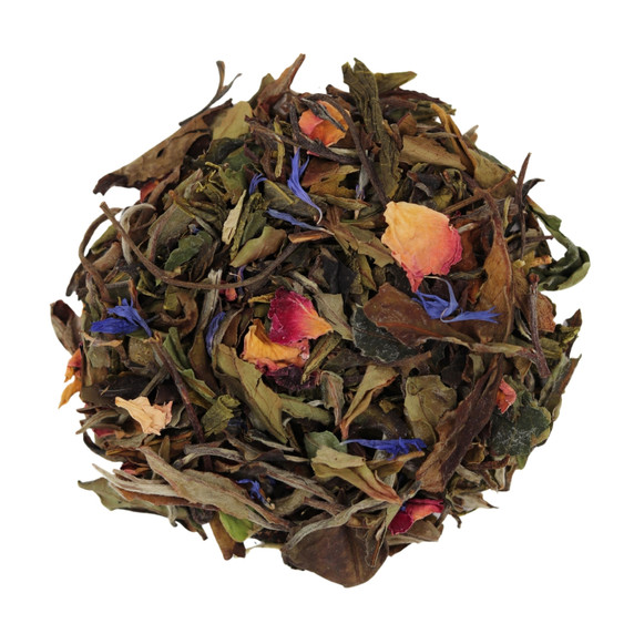 Spring Blossom loose-leaf white tea with rose petals, cornflowers, marigold and orange