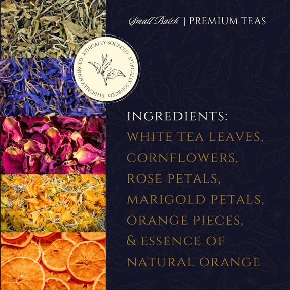 Spring Blossom white tea ingredients including tea leaves, cornflowers, rose, marigold and orange