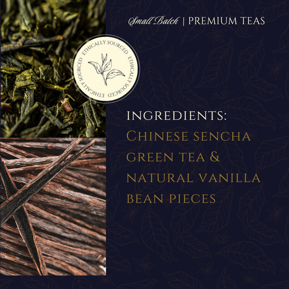 Mindful Green tea ingredients featuring Chinese sencha green tea and natural vanilla bean pieces.