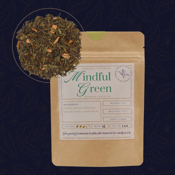 Mindful Green premium loose-leaf green tea with Chinese sencha and natural vanilla bean pieces in Tea Phases packaging.